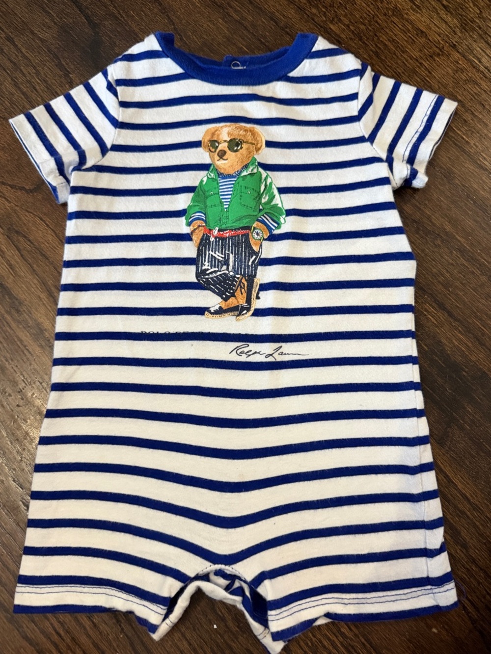 Ralph Lauren White & Blue Striped Bear Romper